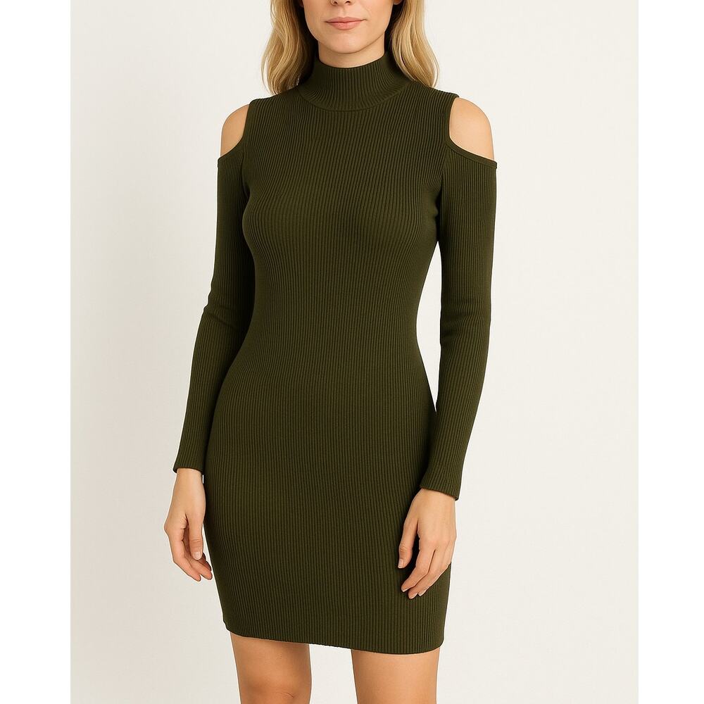 Oak + Fort Ribbed Cold Shoulder Bodycon Sweater Dress Green Size S